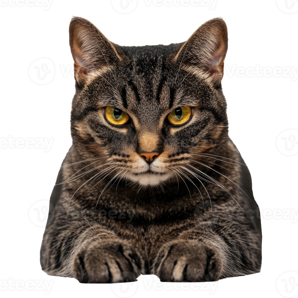 Tabby cat resting with a focused look png