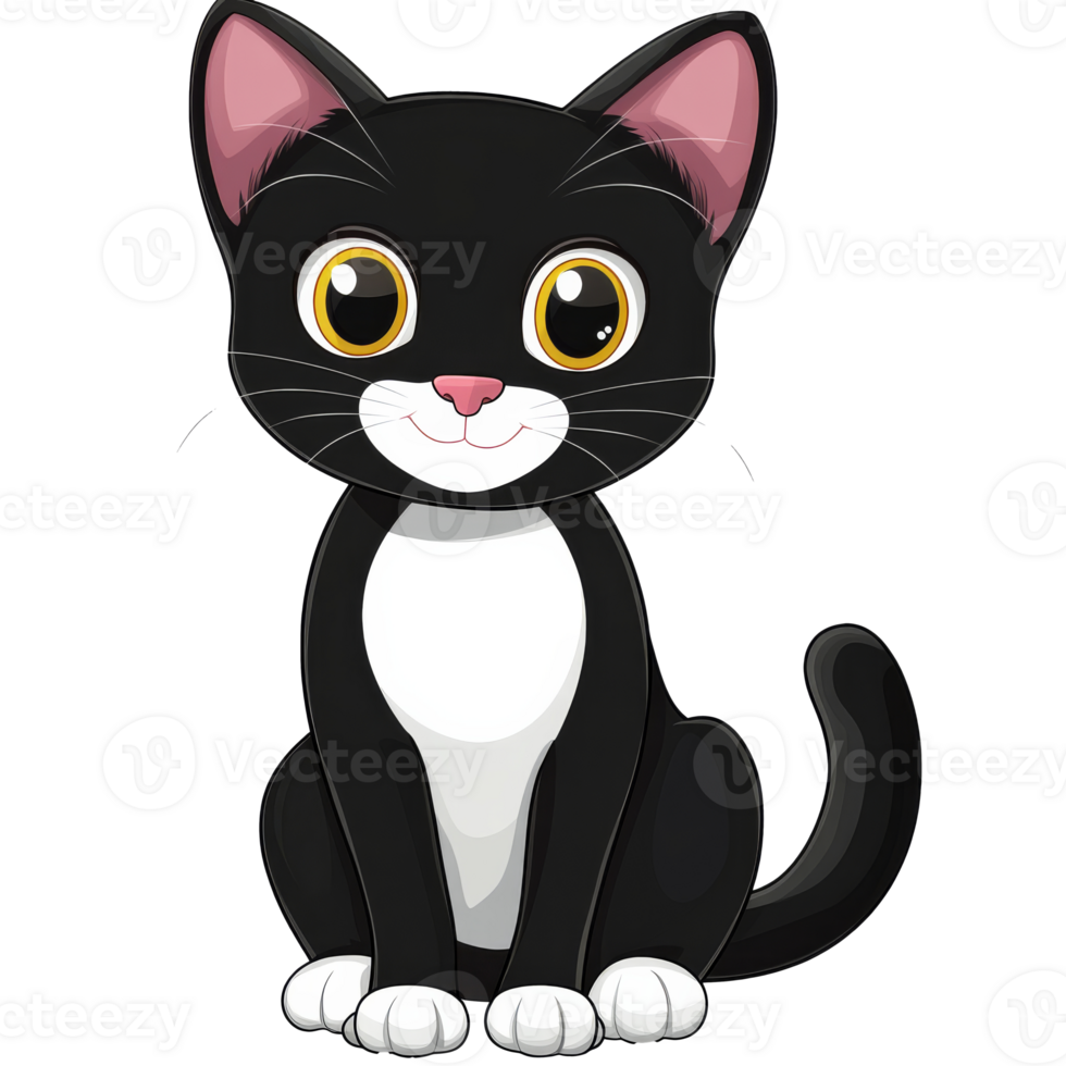 Cute black and white cartoon cat with big eyes png