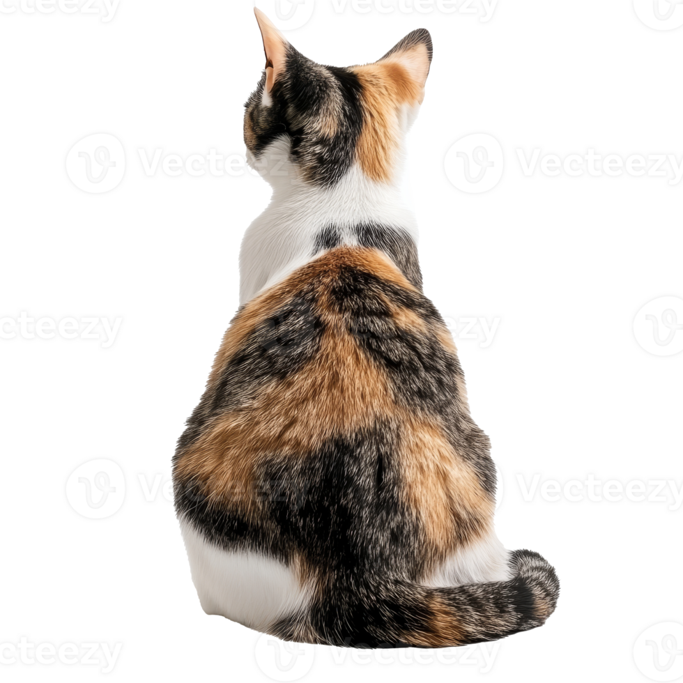 Calico cat sitting quietly, back view observation png