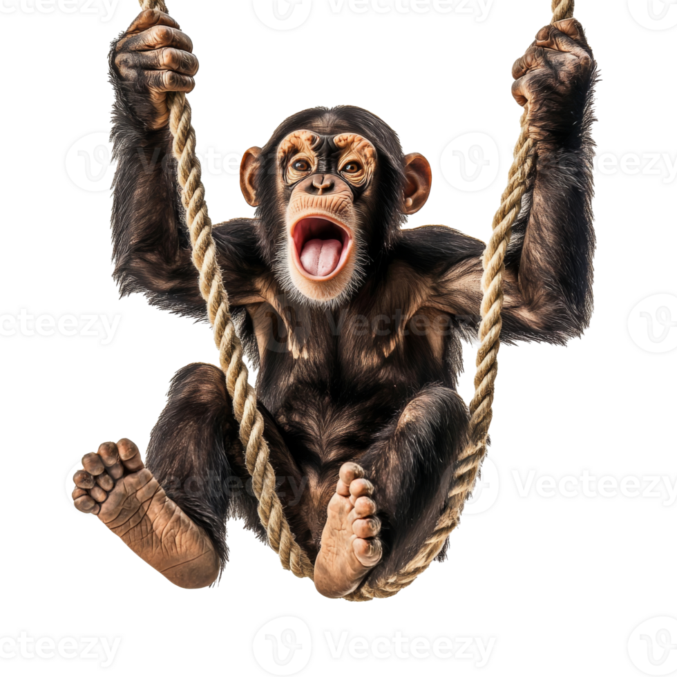 Chimpanzee swinging happily on a rope png