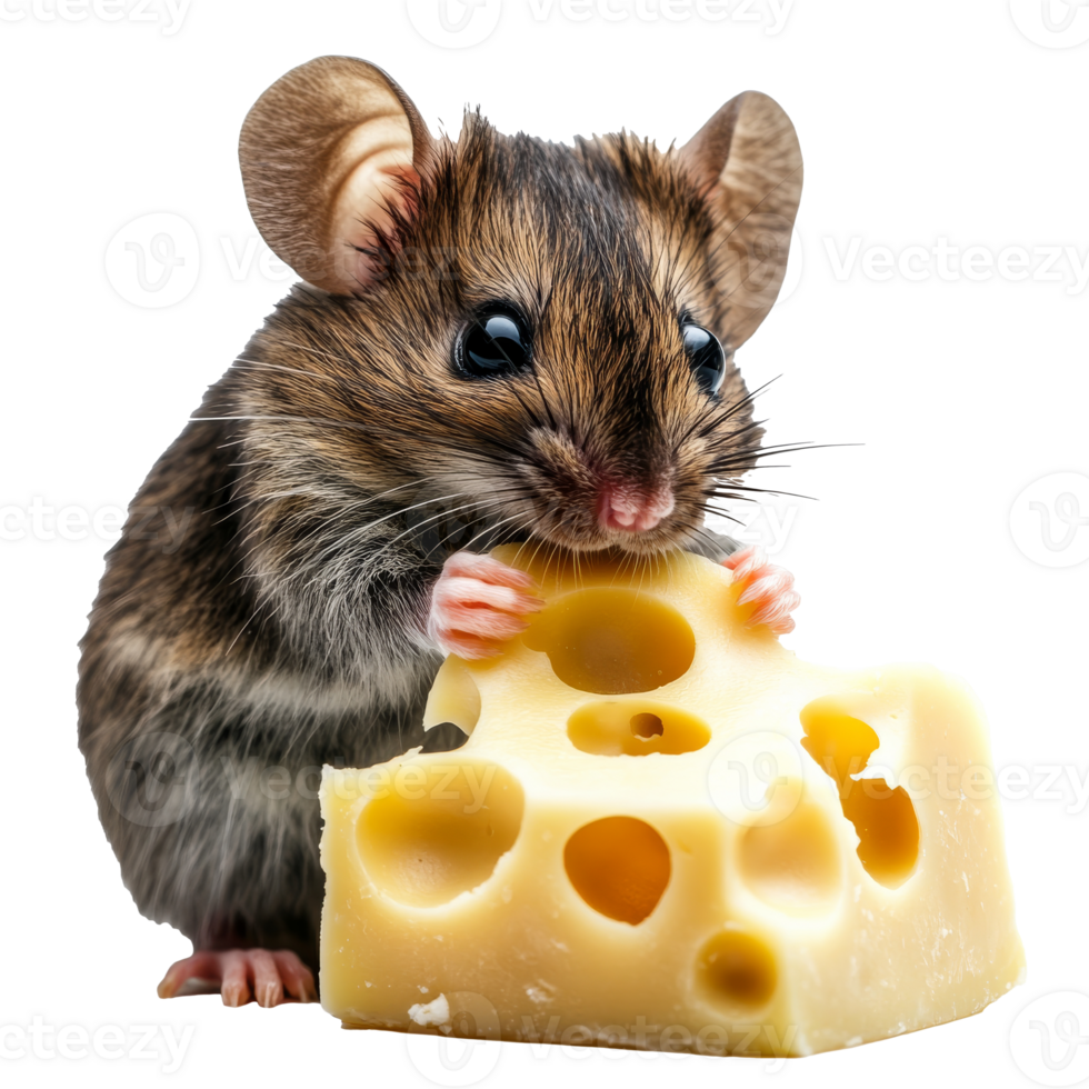Mouse enjoying a piece of cheese in a kitchen png
