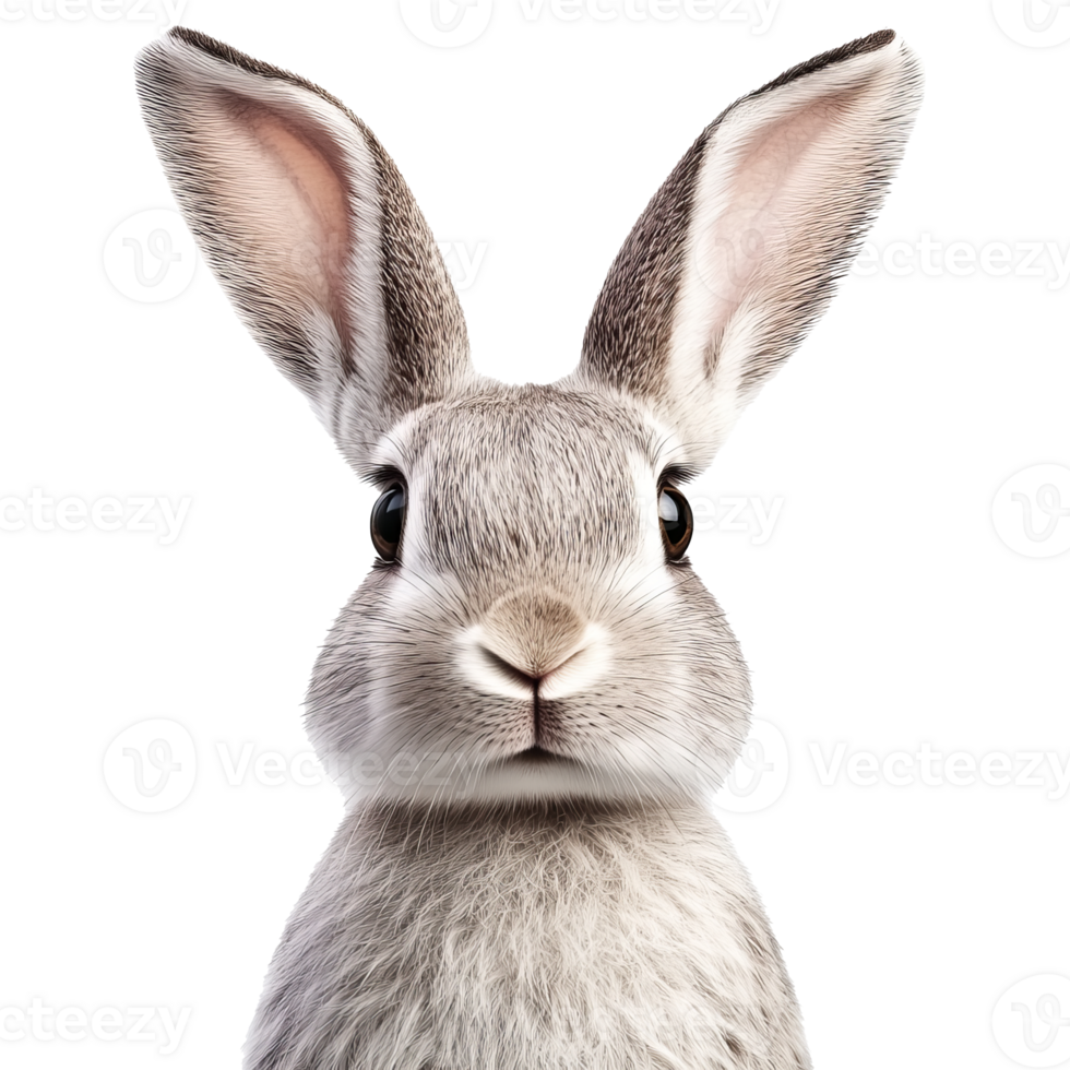 Gray rabbit with large ears and expressive eyes png