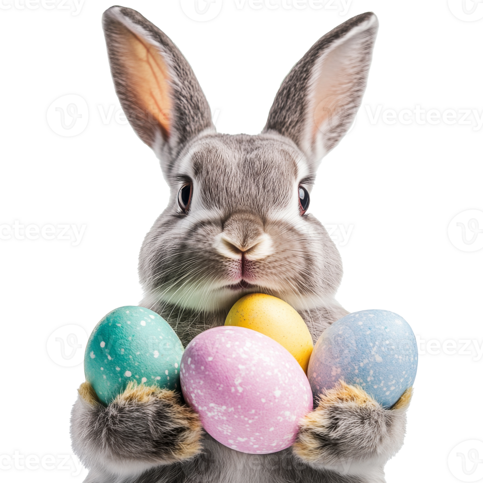 Rabbit holding colorful Easter eggs with joy png
