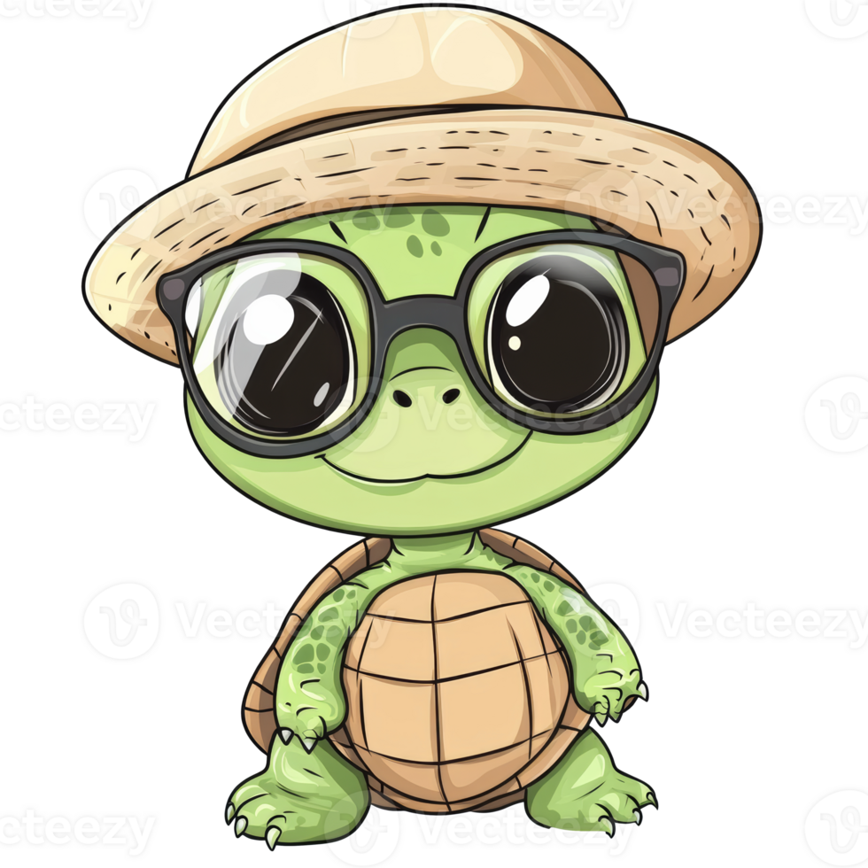 Cute turtle character wearing glasses and a hat png
