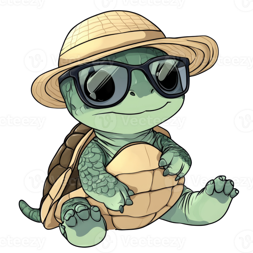 Turtle in shades and straw hat relaxes png
