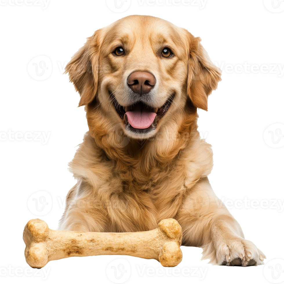 Happy golden retriever with a chew bone in view png