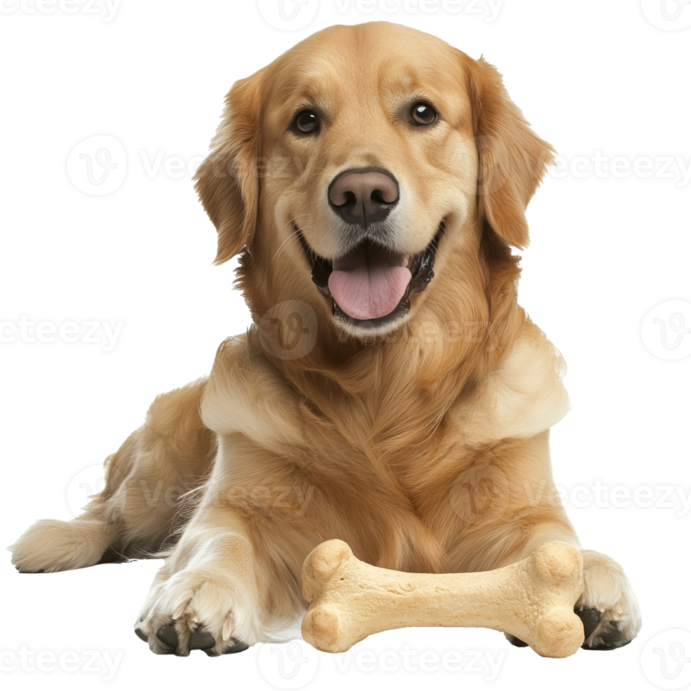 Happy golden retriever with a bone indoors png
