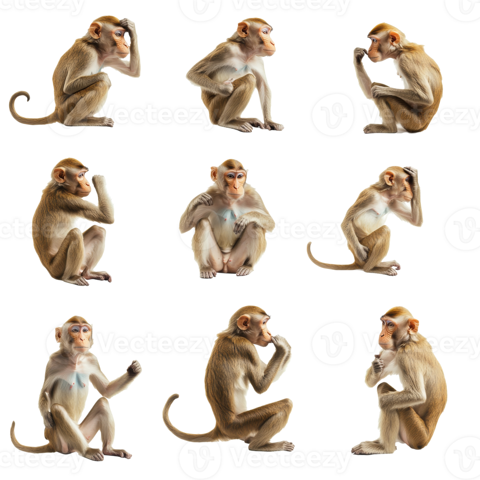 Nine monkeys are shown in different thinking poses png