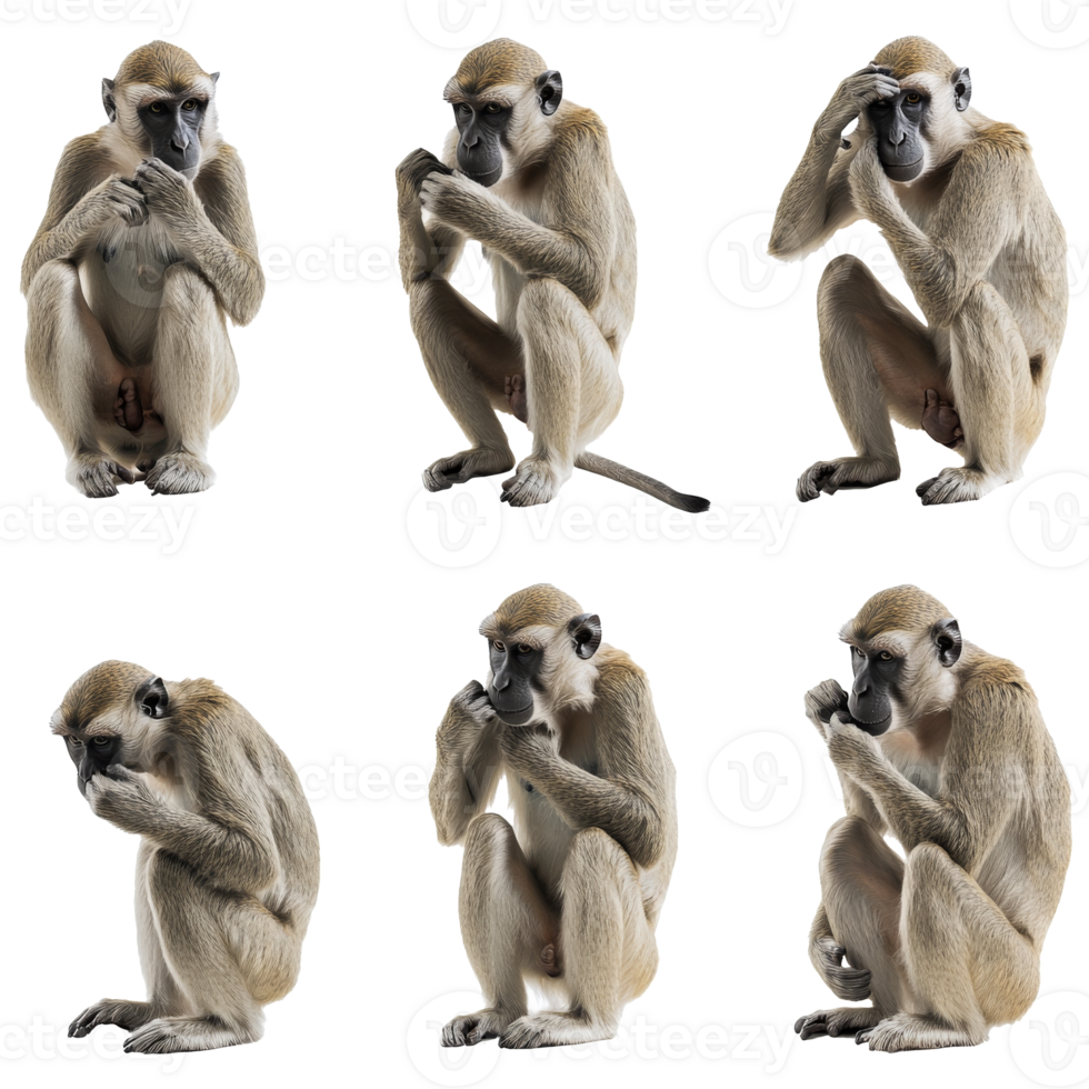 Different poses of a thoughtful monkey in nature png