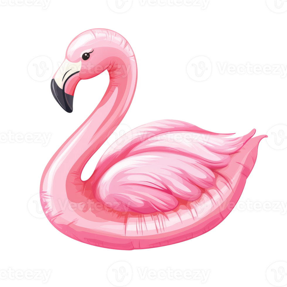 Bright pink inflatable flamingo in pool setting png
