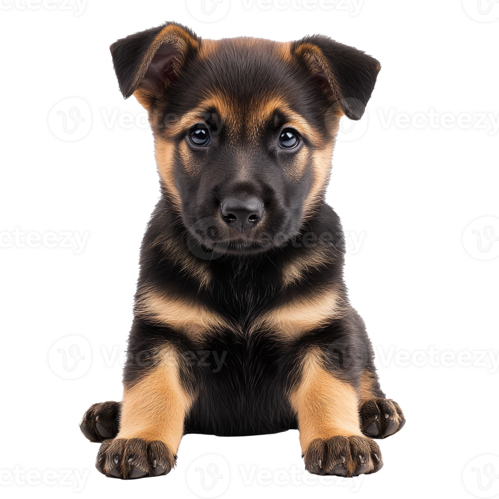 Cute puppy with black and tan fur sitting still png