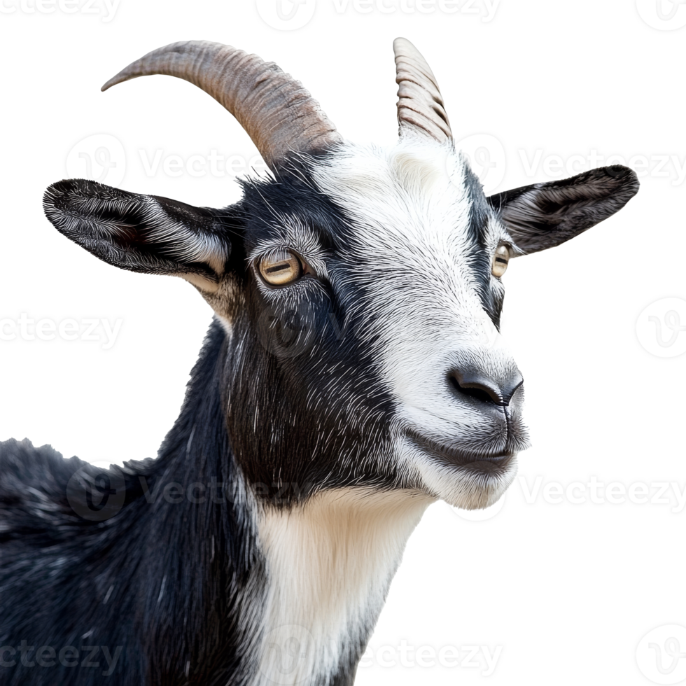 Close up of a striking black and white goat png