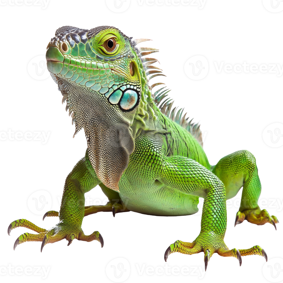Green iguana poses in vibrant display of colors png