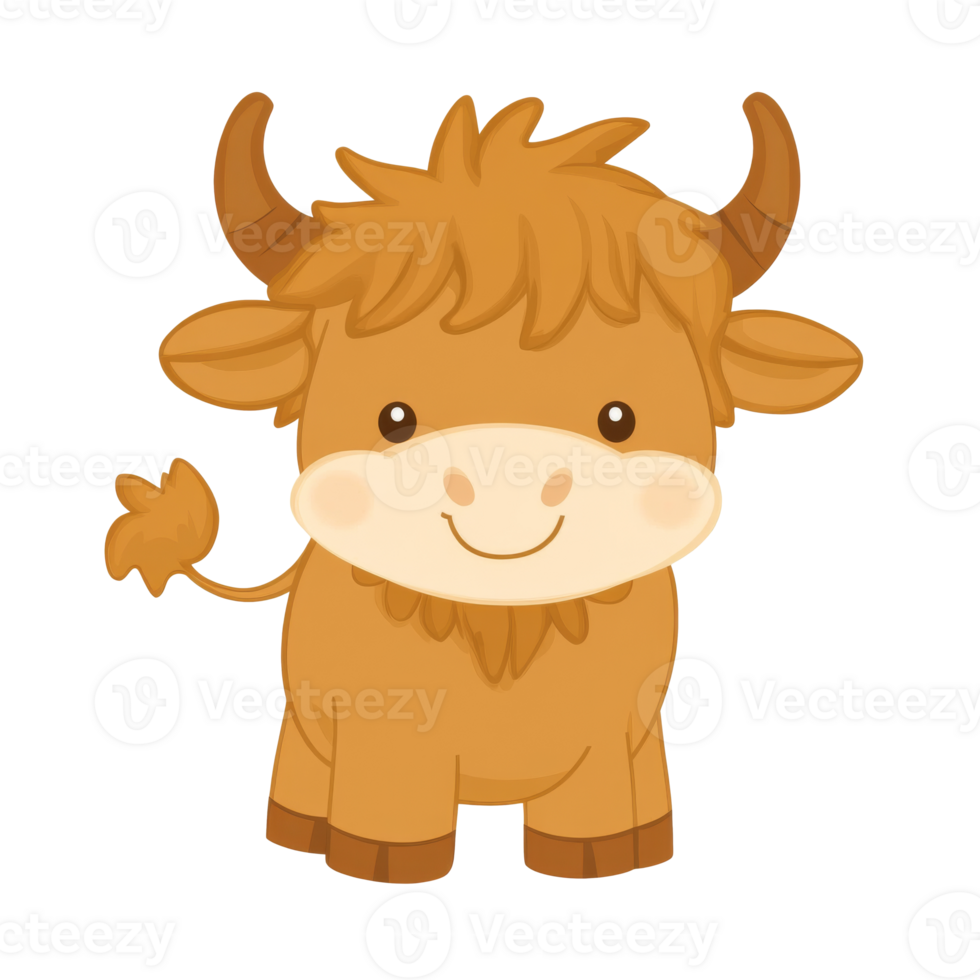 Cute cartoon highland calf with fluffy fur png