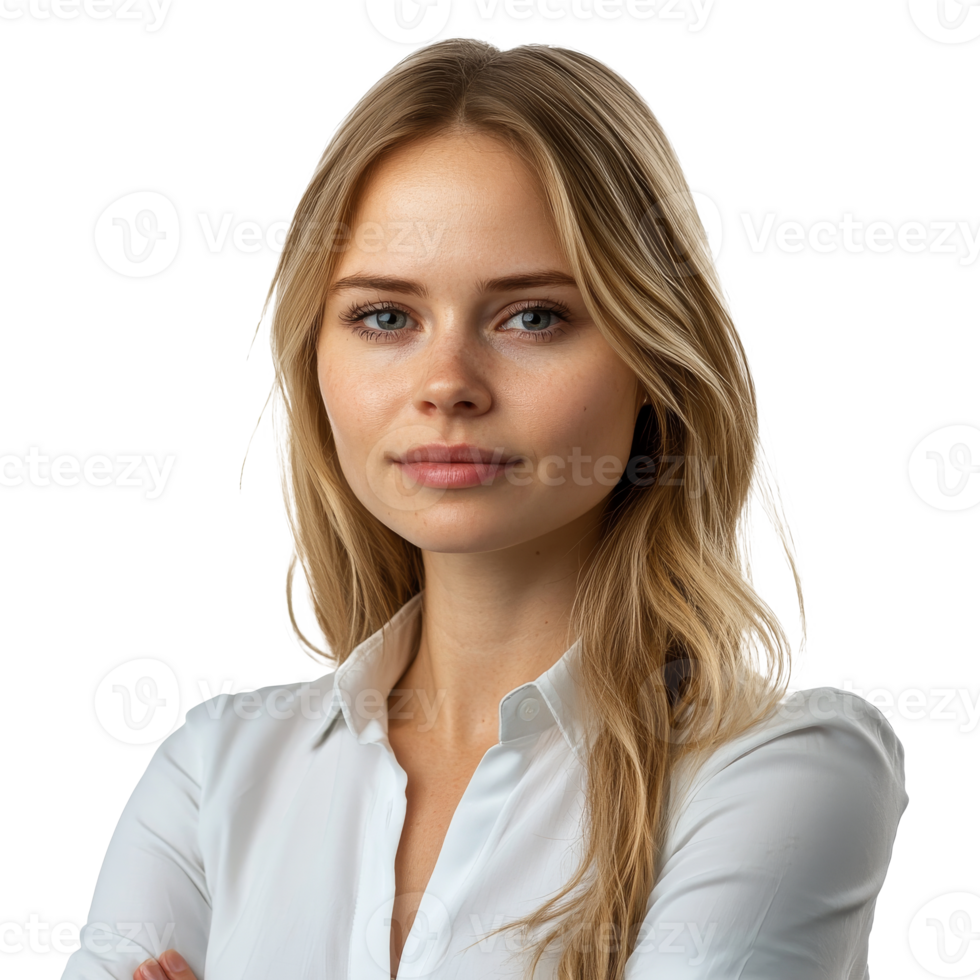 Confident woman with long hair in white shirt png
