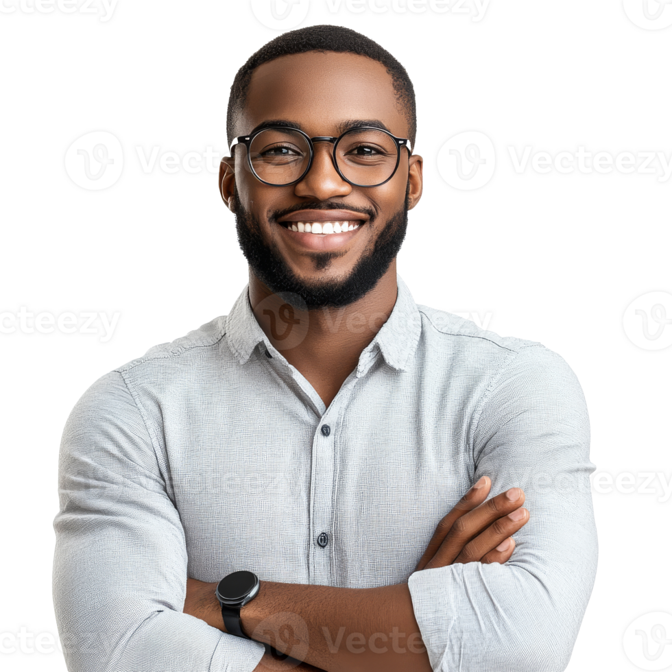 Smiling man poses confidently with arms crossed png