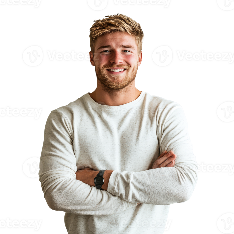 Smiling man poses confidently in casual attire png