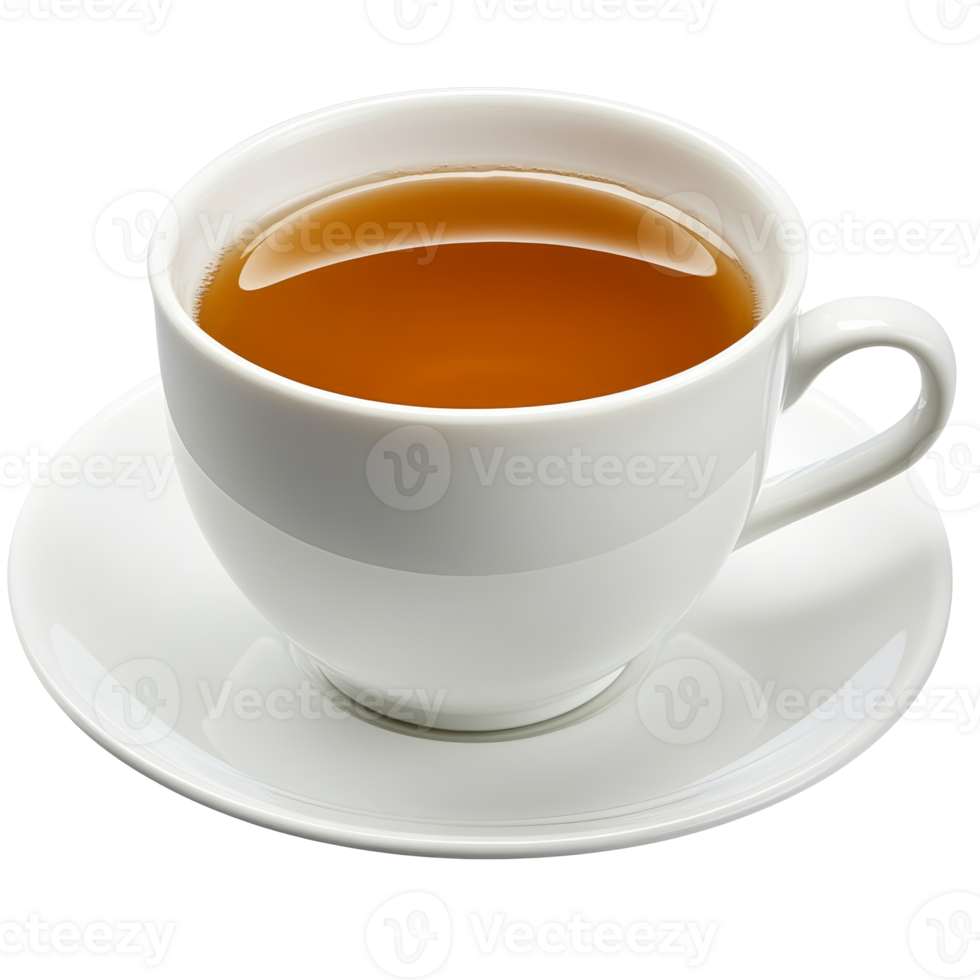 Hot cup of tea resting on a white saucer png
