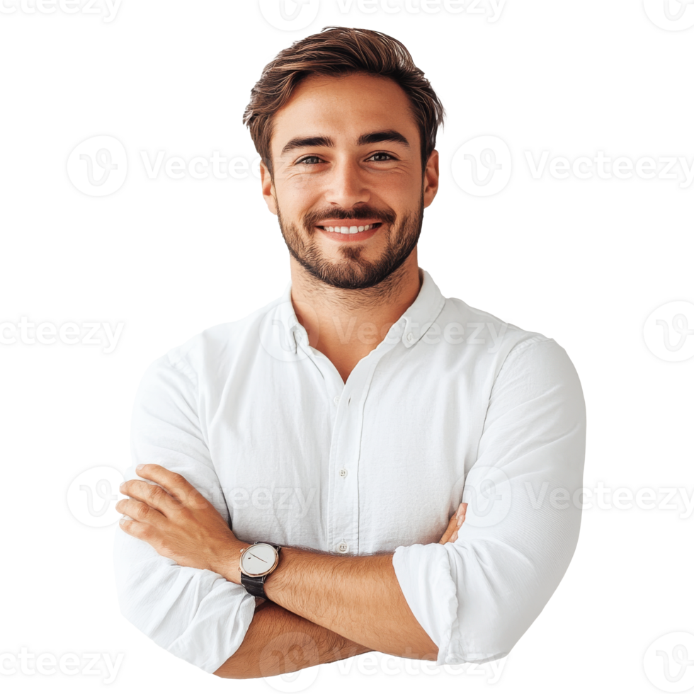 Smiling man with crossed arms in a casual setting png