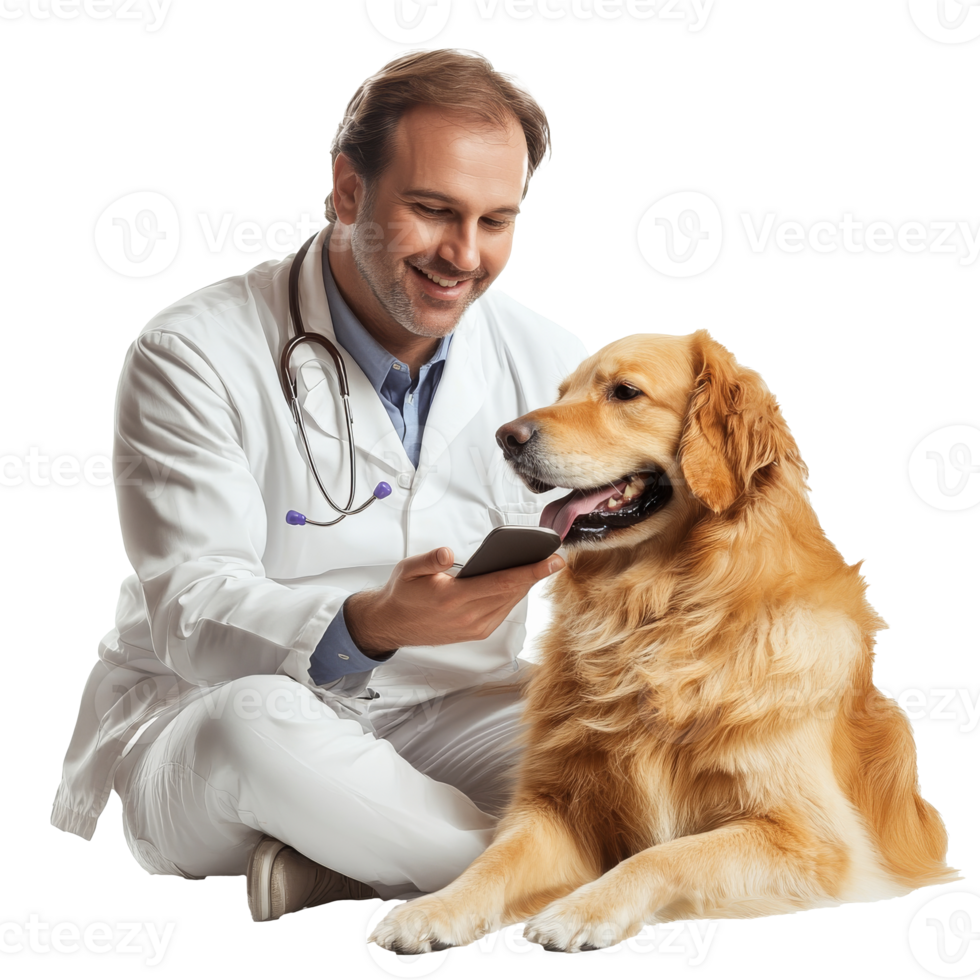 Vet with golden retriever and phone png