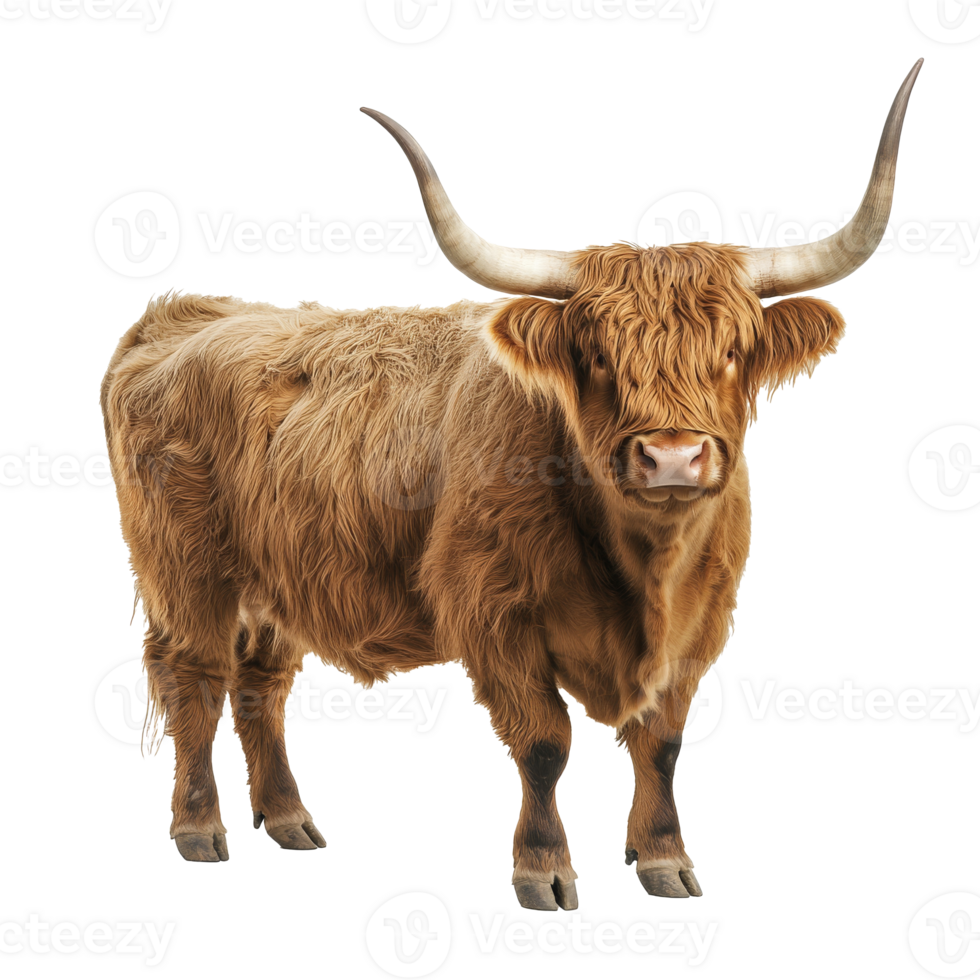 Highland cow standing in a studio setting png