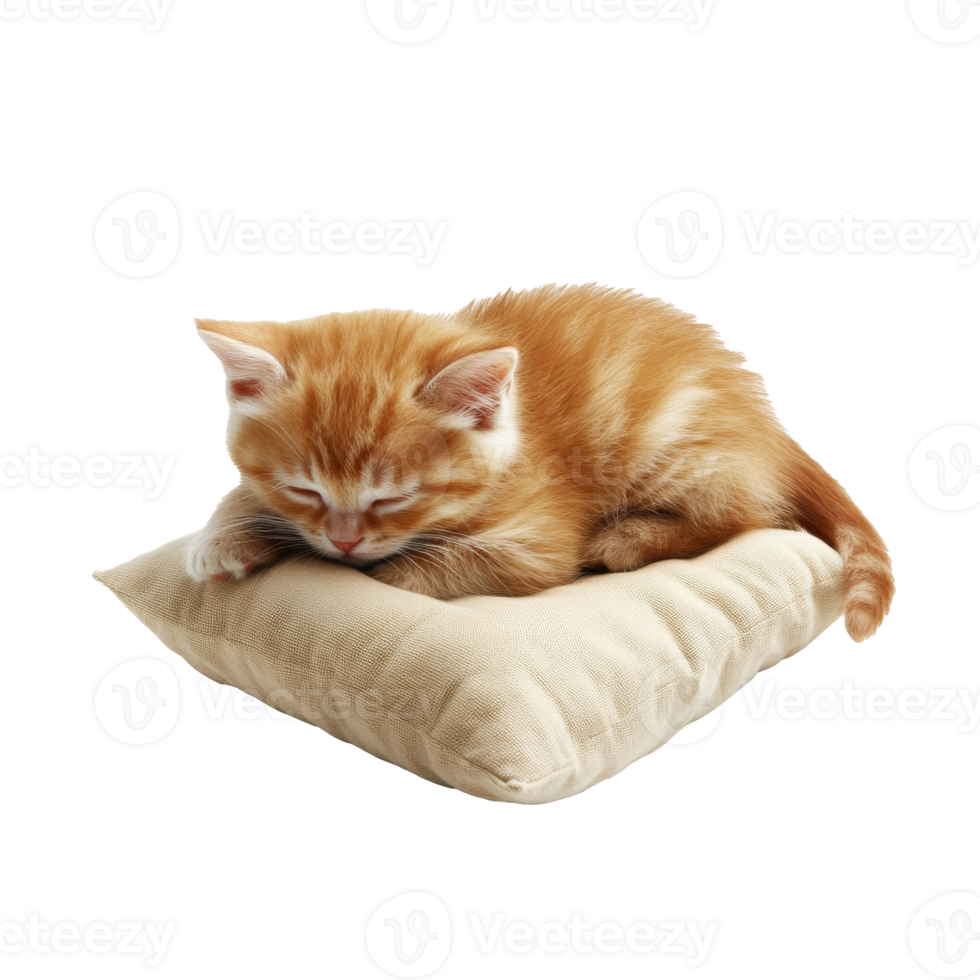 Cute orange kitten resting on a small pillow png