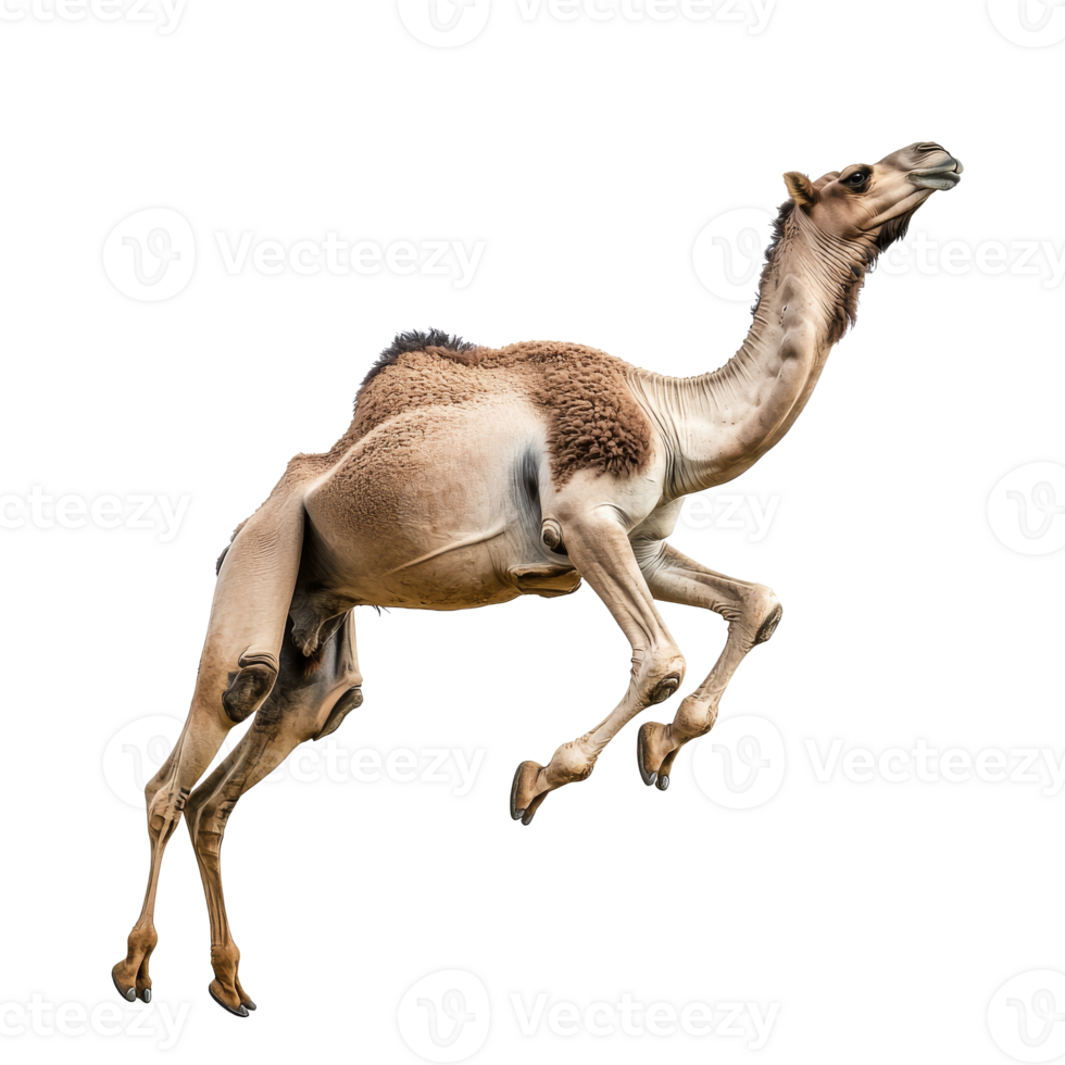 Camel leaps gracefully in arid landscape png