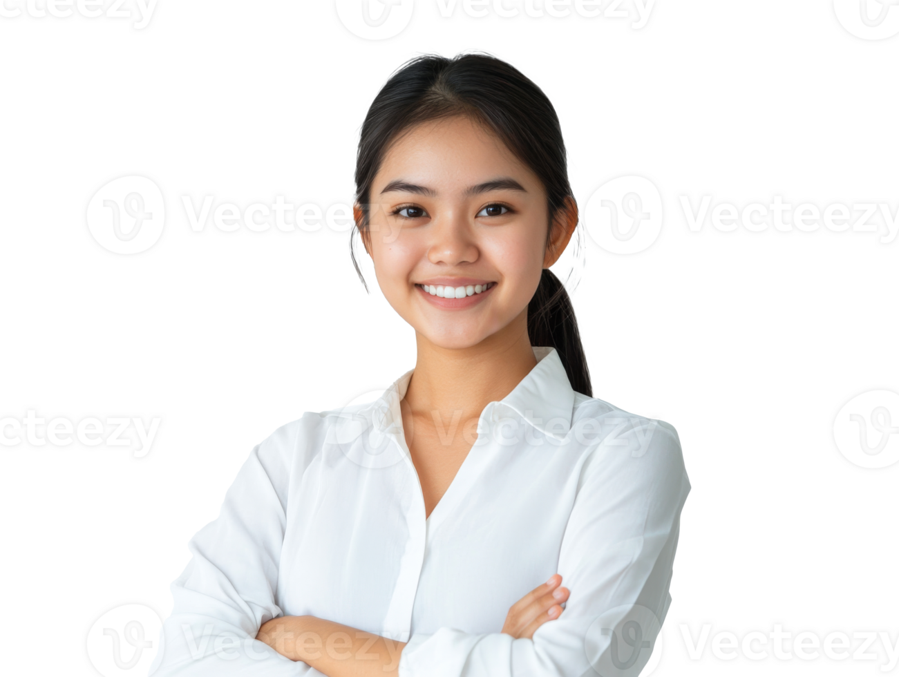 Confident young woman smiles while crossing arms png