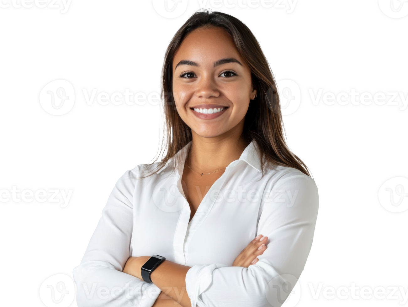 Smiling woman stands confidently, arms crossed png