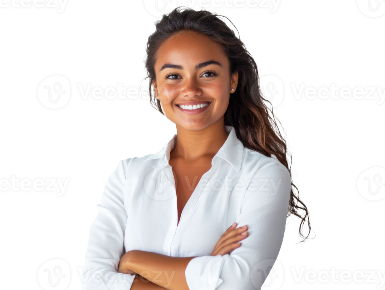 Smiling woman in white shirt with crossed arms png