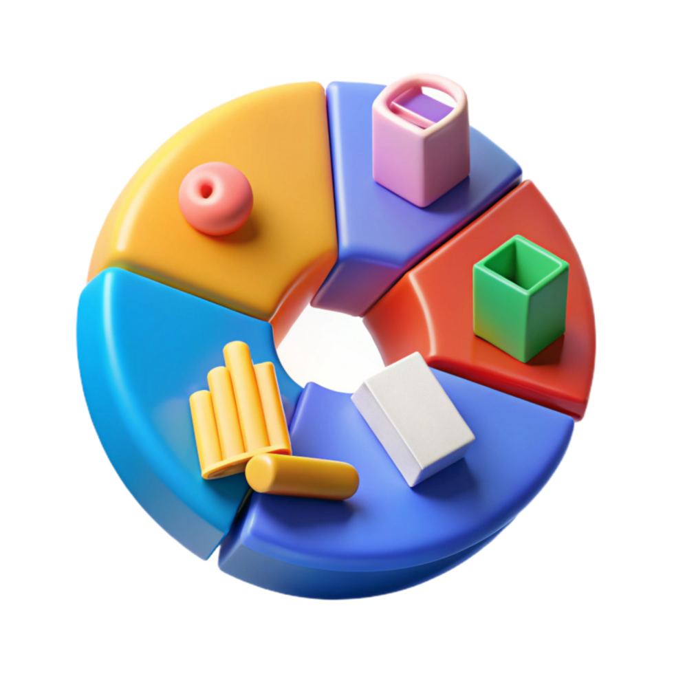 3D Colorful Pie Chart Data Visualization with Geometric Shapes png
