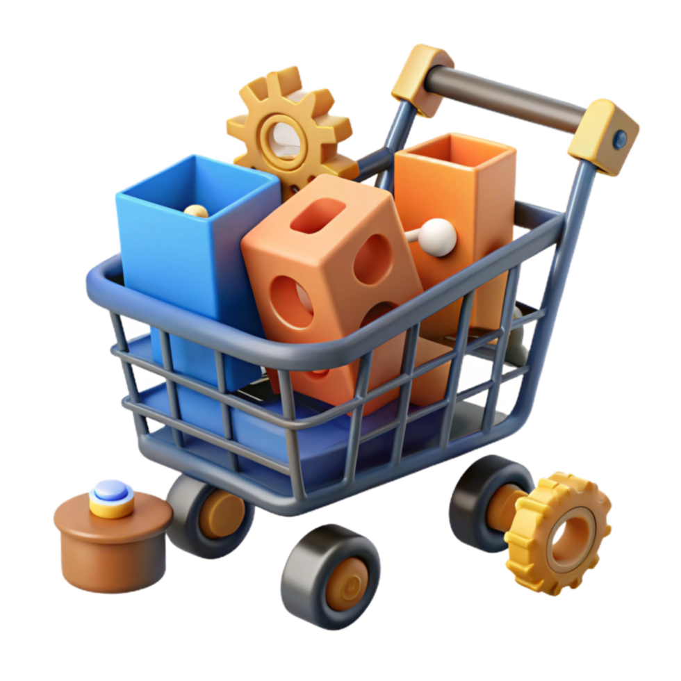 Shopping Cart with Colorful Blocks and Gears A 3D Render png
