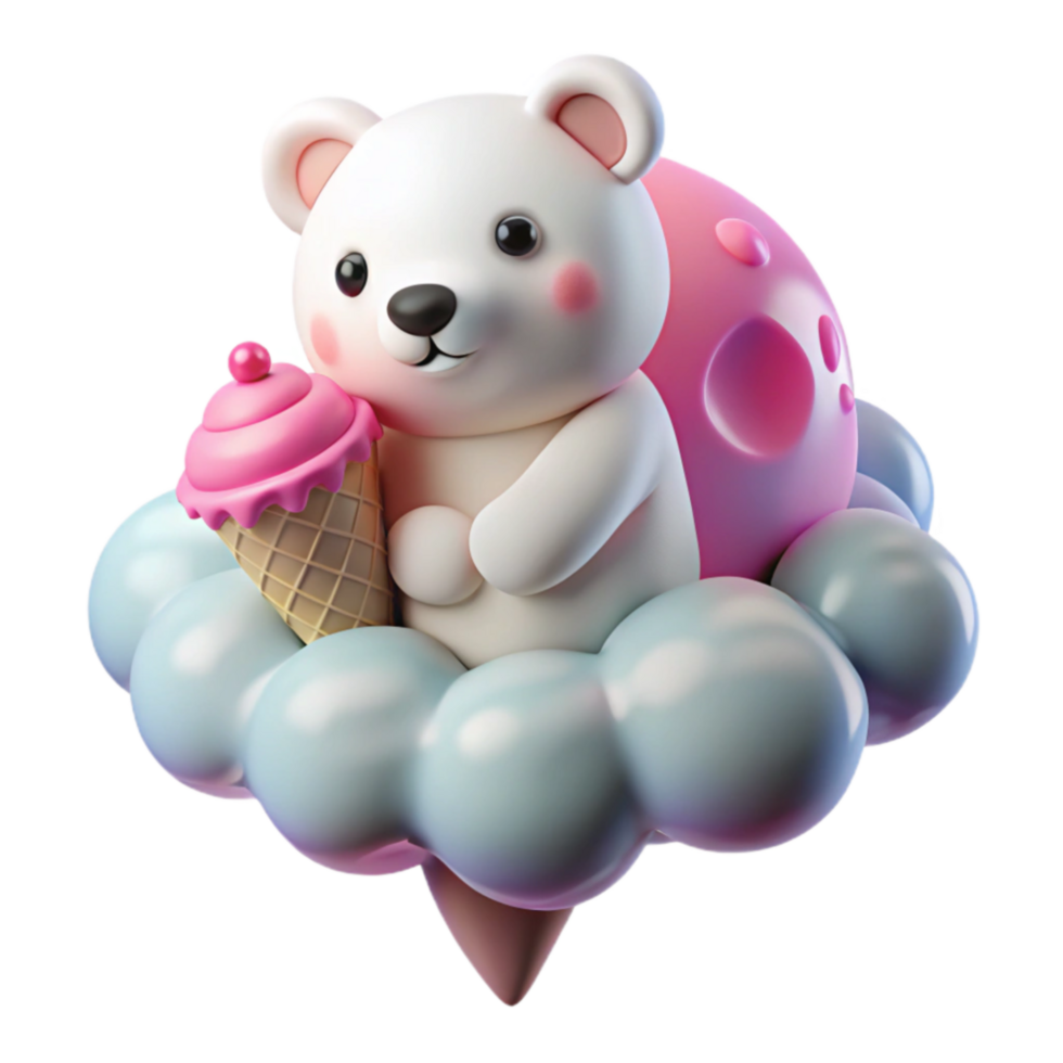 Adorable Bear Cub on Cloud with Ice Cream Cone png
