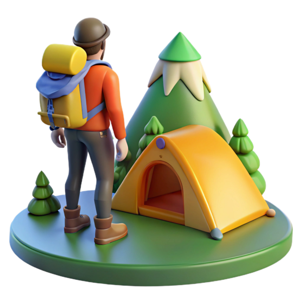 Hiking Adventure 3D Render of Backpacker and Tent in Mountain Landscape png