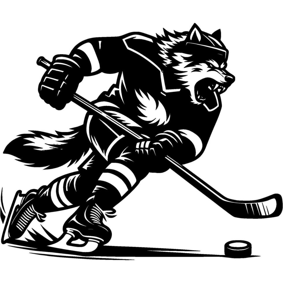 Huge wolf in hockey gear rushes to attack an opponent in monochrome. Simple minimalistic in black ink drawing on white background vector