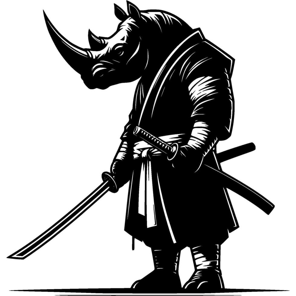 Ninja fighter rhino armed with katana sword in fighting stance in monochrome. Wild rhinoceros animal warrior. Tattoo minimalistic in black ink drawing on white background vector