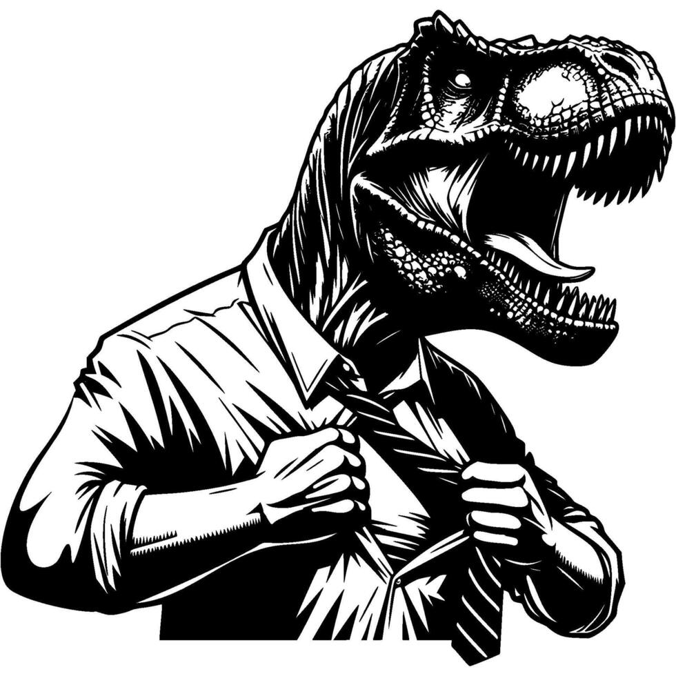 Boss tyrannosaur rips shirt at chest in rage in monochrome. Wild carnivorous dinosaur animal in human form roars in madness. Tattoo minimalistic in black ink drawing on white background vector