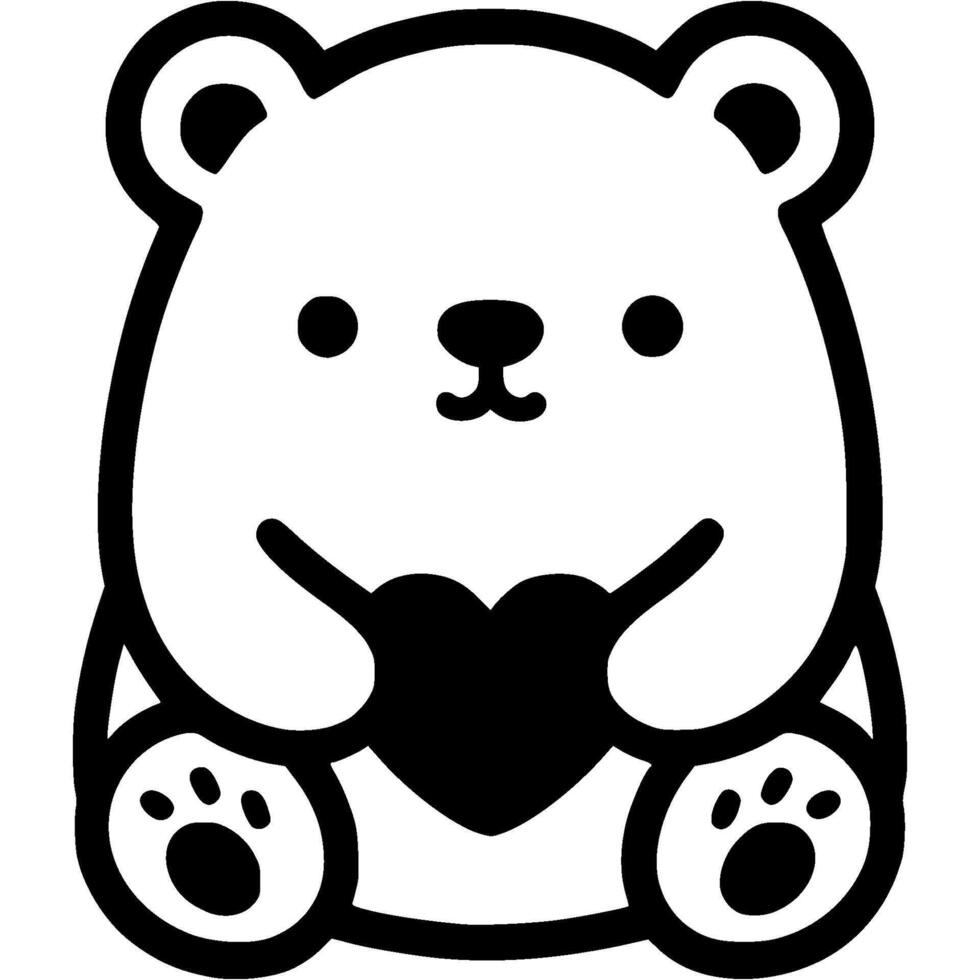 Polar bear holding heart shaped card in monochrome. Simple minimalistic in black ink drawing on white background vector