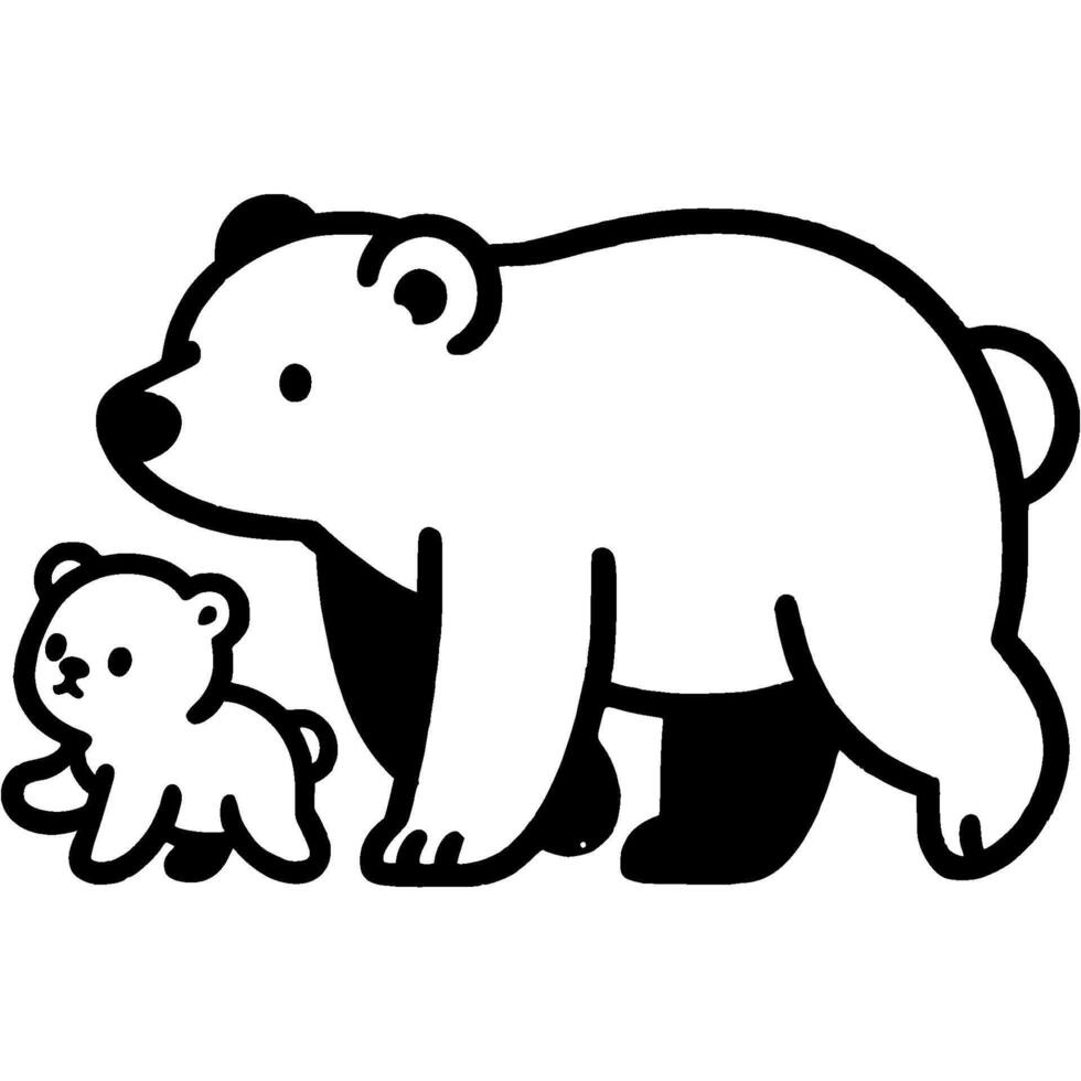 Polar bear mother and her cub walking in monochrome. Simple minimalistic in black ink drawing on white background vector