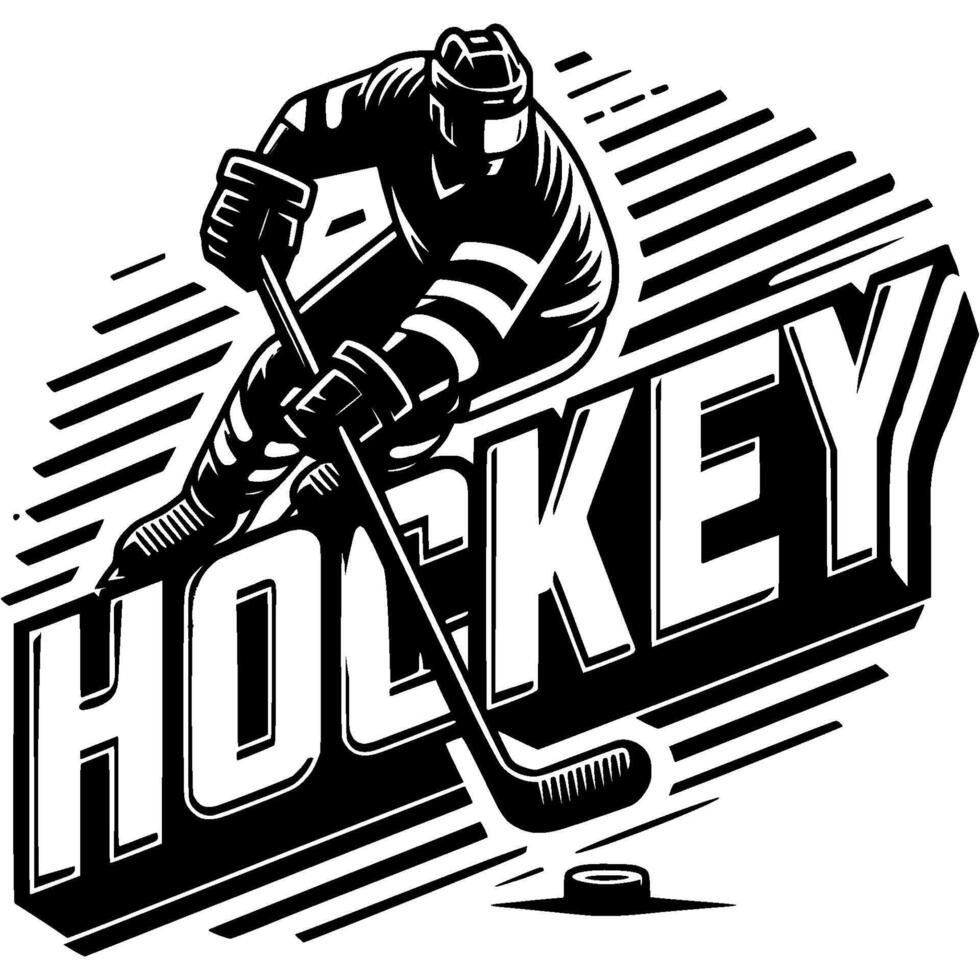 Athletes protective equipment with stick and puck against background of volumetric inscription hockey in monochrome. Simple minimalistic in black ink drawing on white background vector