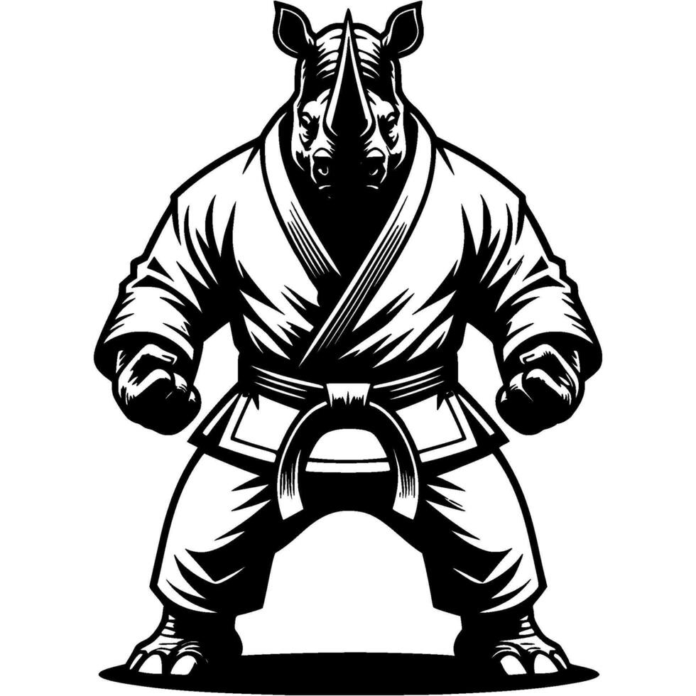Karateka rhino stands in fighting stance ready for tournament in monochrome. Wild rhinoceros animal looks confidence. Tattoo minimalistic in black ink drawing on white background vector