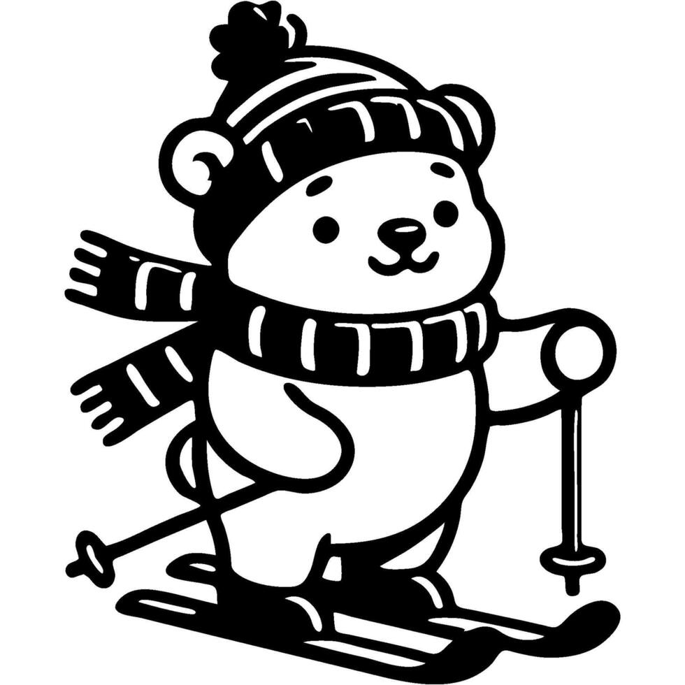 Polar bear in winter clothes skiing with ski poles in monochrome. Simple minimalistic in black ink drawing on white background vector