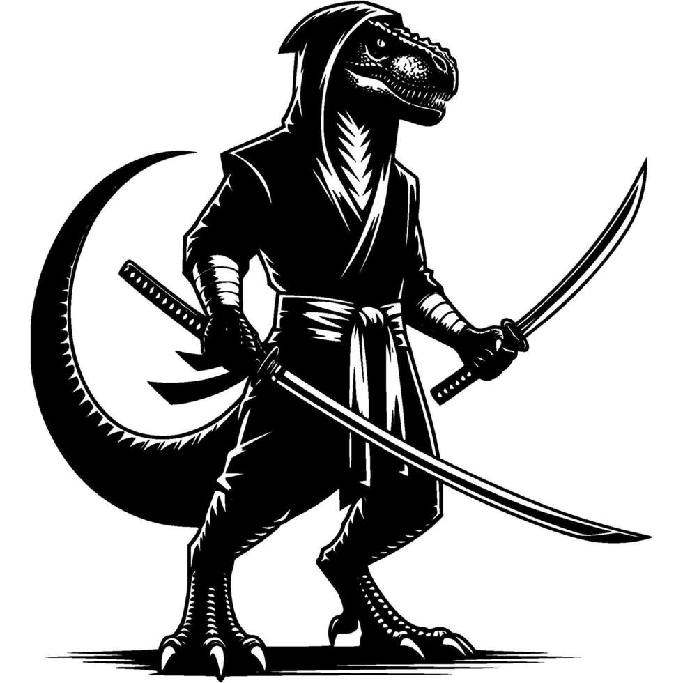 Ninja tyrannosaurus fighter armed with katana sword in fighting stance in monochrome. Wild beast animal warrior. Tattoo minimalistic in black ink drawing on white background vector
