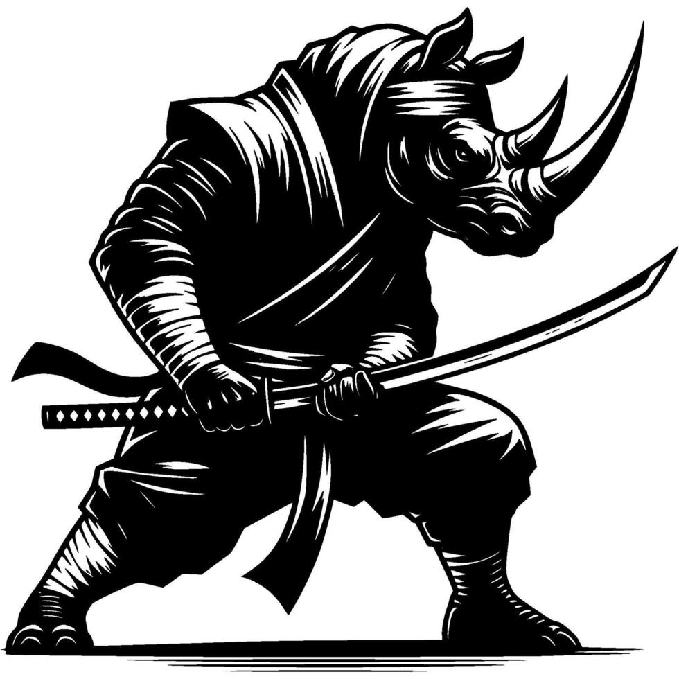 Ninja rhino master in katana sword attacking position in monochrome. Rhinoceros fighter of secret clan animal roars. Tattoo minimalistic in black ink drawing on white background vector
