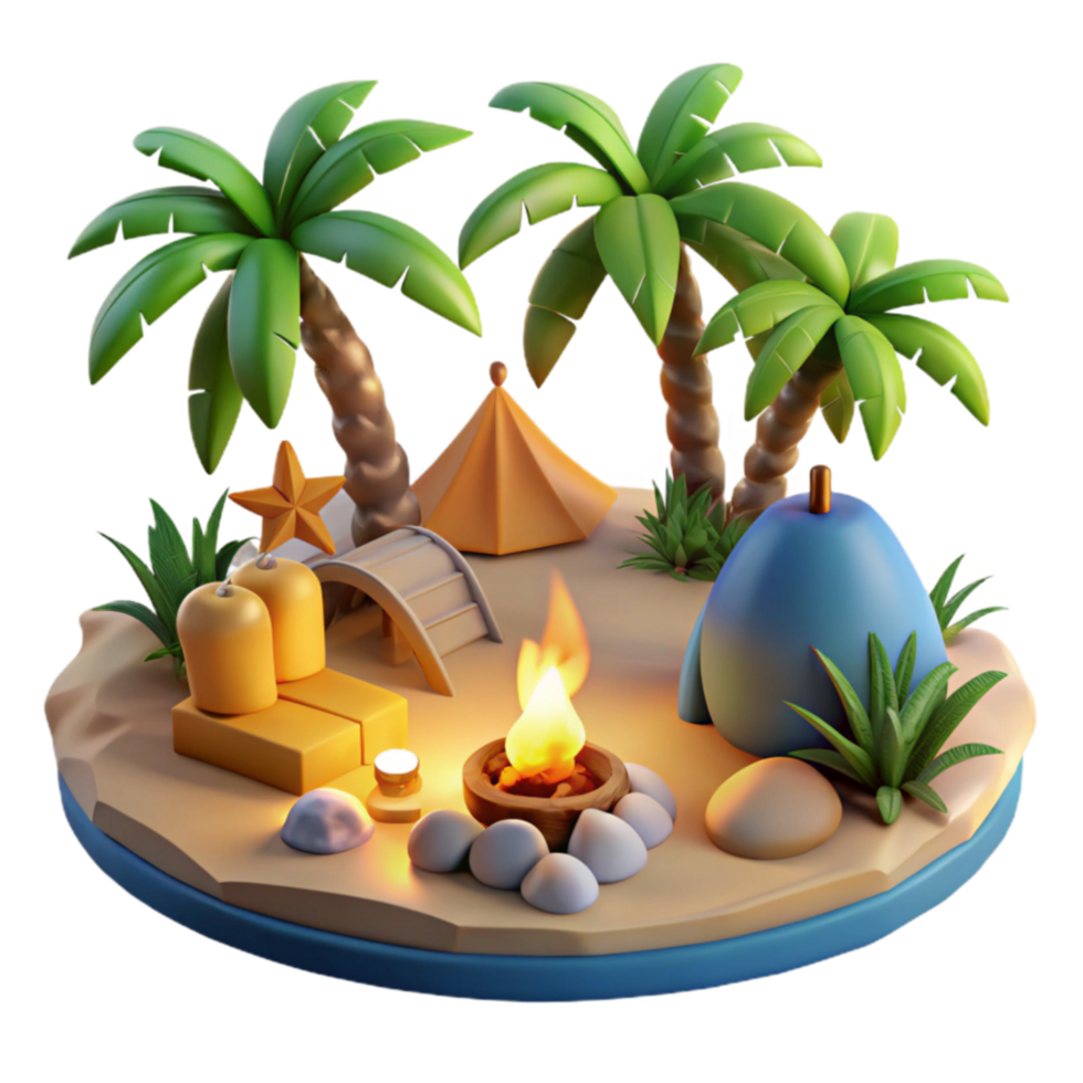 Tropical Island Campsite 3D Render of Idyllic Beach Vacation png