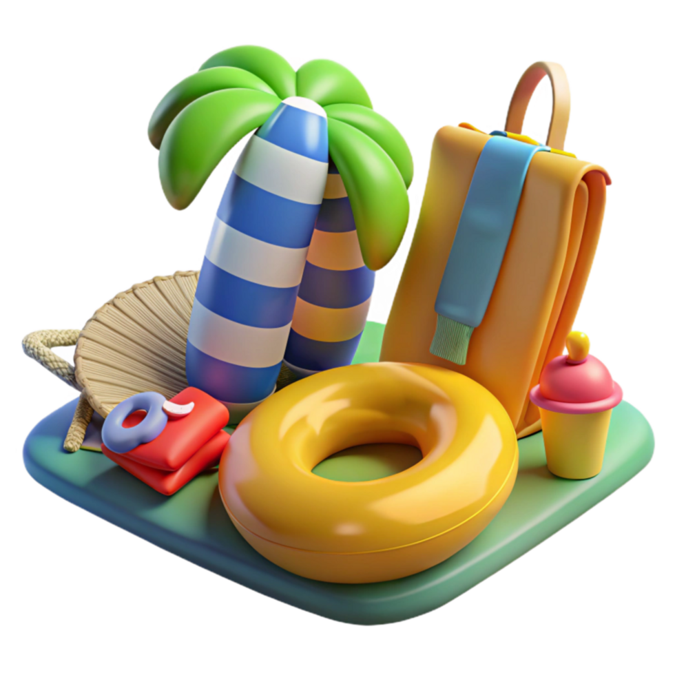 Summer Vacation Essentials Beach Bag, Inflatable Ring, and Palm Tree png