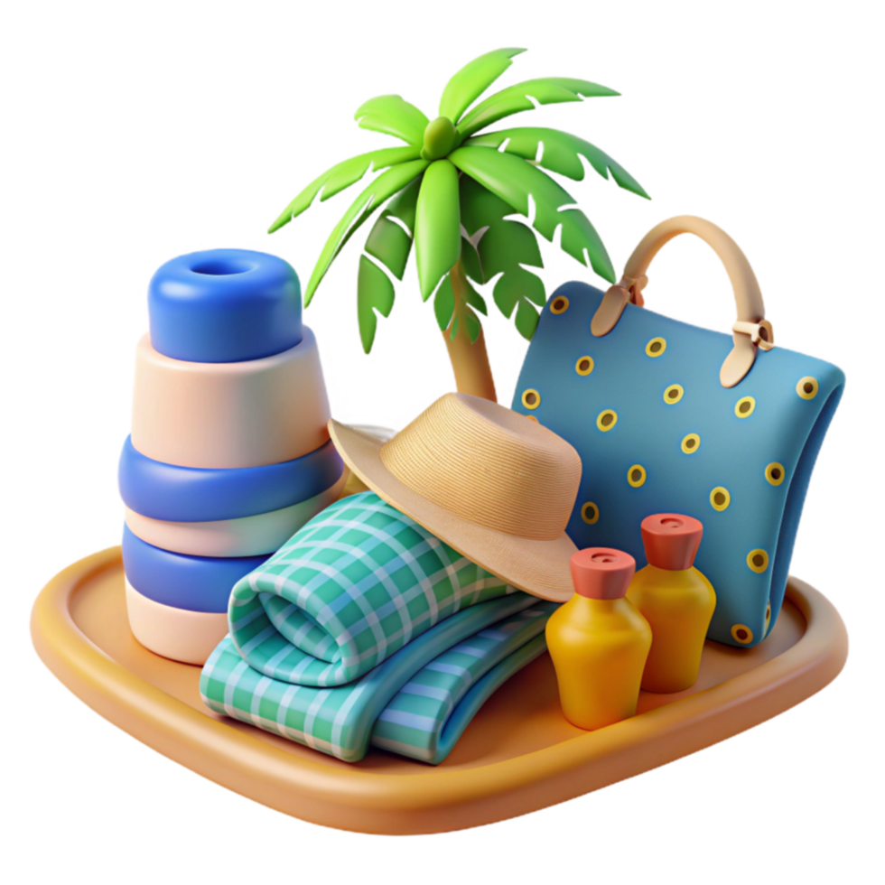 Summer Vacation Essentials Beach Bag, Hat, Towel, and Sunscreen png
