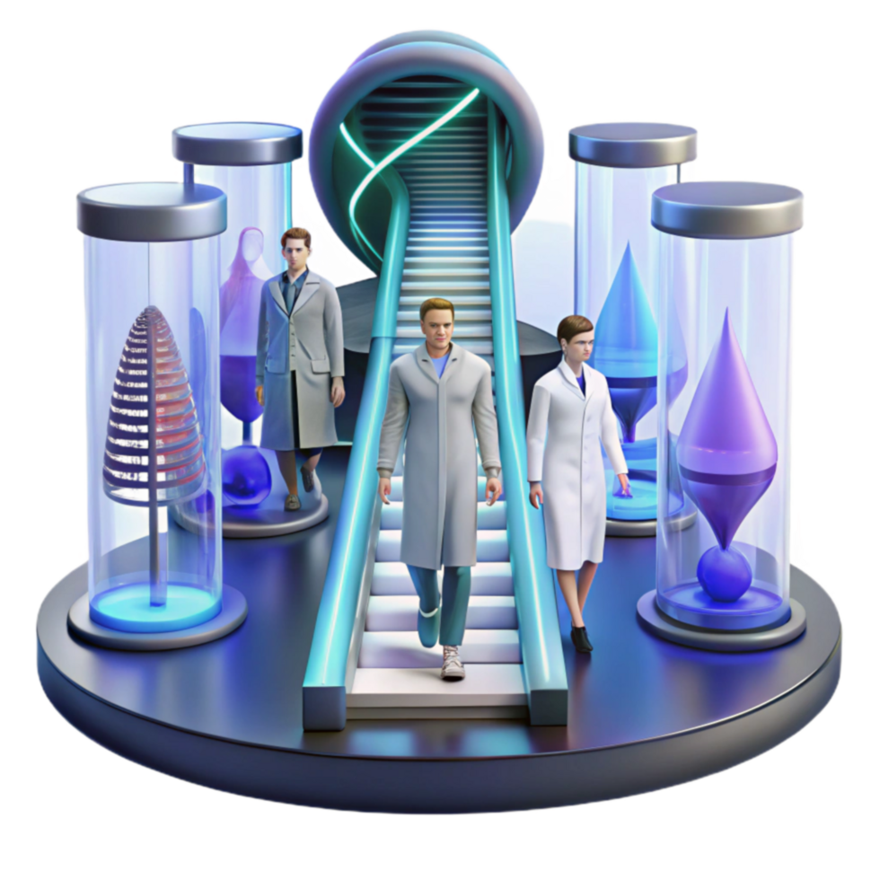 Future of Science Researchers Ascending in Innovative Lab png