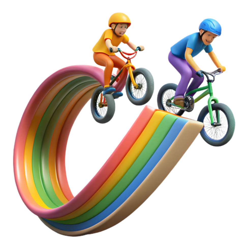 Kids on Bikes Soaring over Rainbow Ramp png