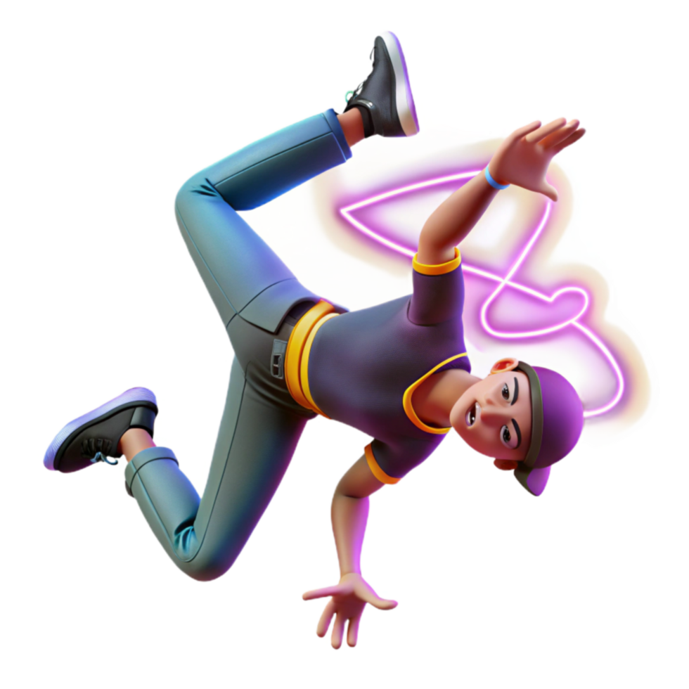 Energetic Breakdancer in Dynamic Pose with Neon Lights png